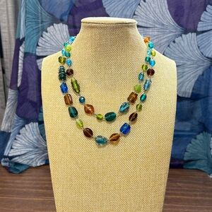 Vibrant Glass Bead Necklace in Blue, Green, and Brown